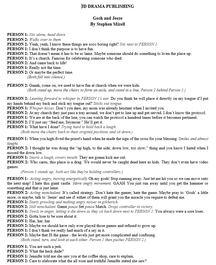 Gosh and Jeeze by Stephen Mizell (10-12 min. Cut as needed) 2 M or F, Duet/Duo 12.00